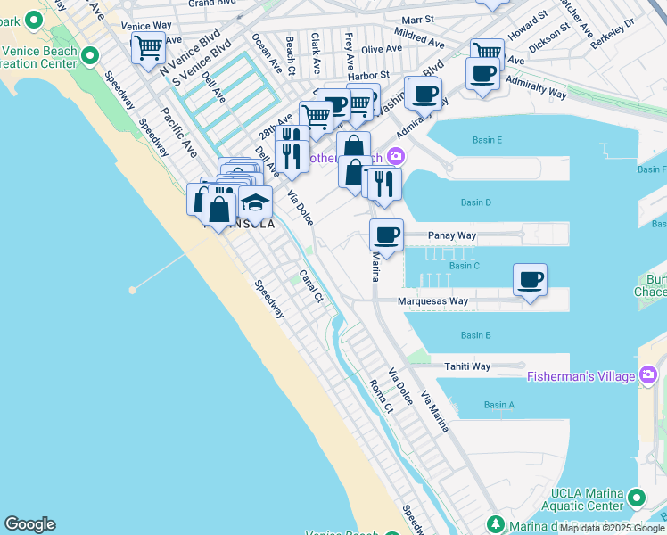 map of restaurants, bars, coffee shops, grocery stores, and more near 3656 Via Dolce in Marina del Rey