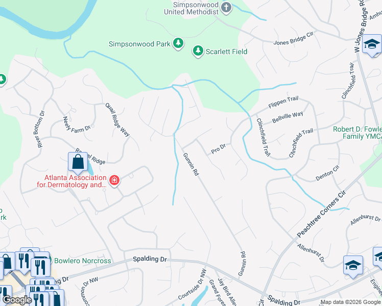 map of restaurants, bars, coffee shops, grocery stores, and more near 4170 Gunnin Road in Norcross