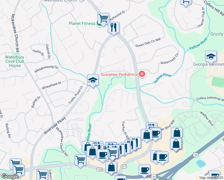 map of restaurants, bars, coffee shops, grocery stores, and more near 785 River Overlook Drive Northwest in Lawrenceville
