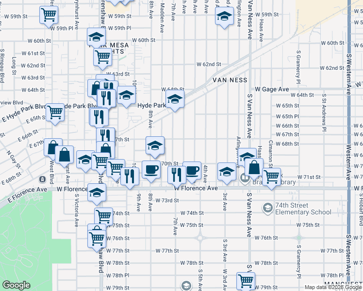 map of restaurants, bars, coffee shops, grocery stores, and more near 6715 6th Avenue in Los Angeles