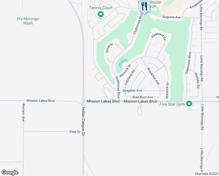 map of restaurants, bars, coffee shops, grocery stores, and more near 9647 Spyglass Avenue in Desert Hot Springs