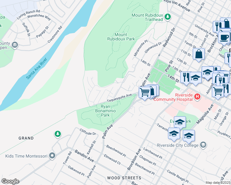 map of restaurants, bars, coffee shops, grocery stores, and more near 4683 Knickerbocker Lane in Riverside