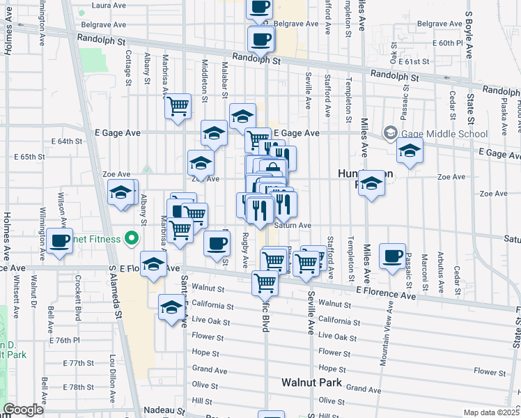 map of restaurants, bars, coffee shops, grocery stores, and more near 6725 Pacific Boulevard in Huntington Park
