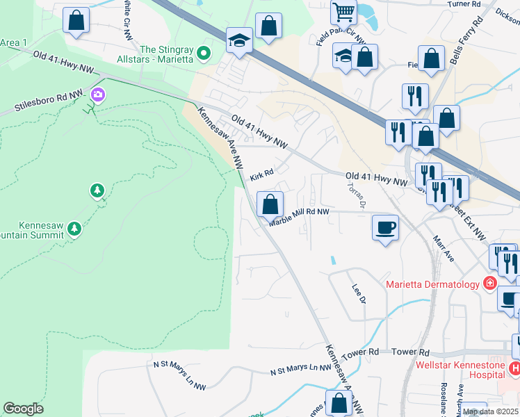 map of restaurants, bars, coffee shops, grocery stores, and more near 840 Kennesaw Avenue Northwest in Marietta
