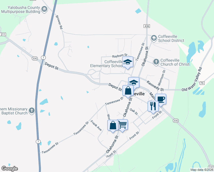 map of restaurants, bars, coffee shops, grocery stores, and more near 459-15135 Depot Street in Coffeeville