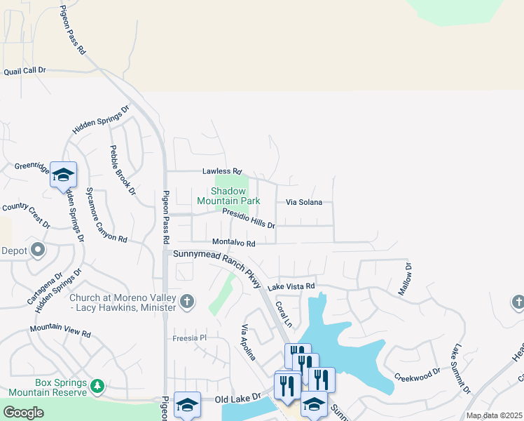 map of restaurants, bars, coffee shops, grocery stores, and more near 9840 Shadow Mountain Drive in Moreno Valley