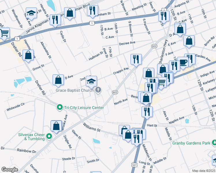 map of restaurants, bars, coffee shops, grocery stores, and more near 202 Idlewood Drive in West Columbia