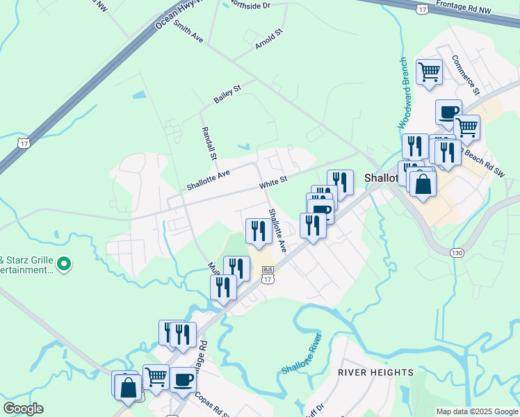 map of restaurants, bars, coffee shops, grocery stores, and more near 4733 John Street in Shallotte