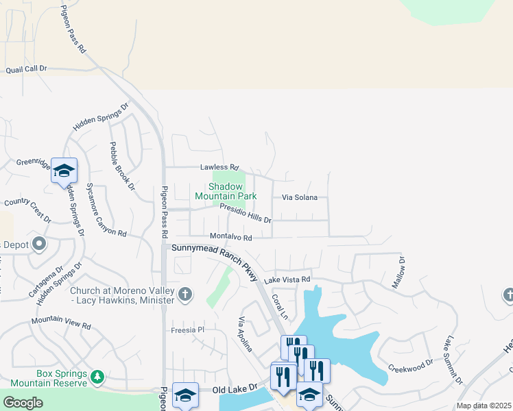map of restaurants, bars, coffee shops, grocery stores, and more near 9840 Shadow Mountain Drive in Moreno Valley