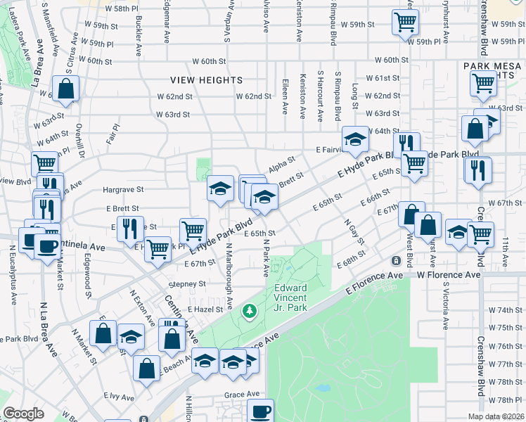 map of restaurants, bars, coffee shops, grocery stores, and more near 811 East Hyde Park Boulevard in Inglewood