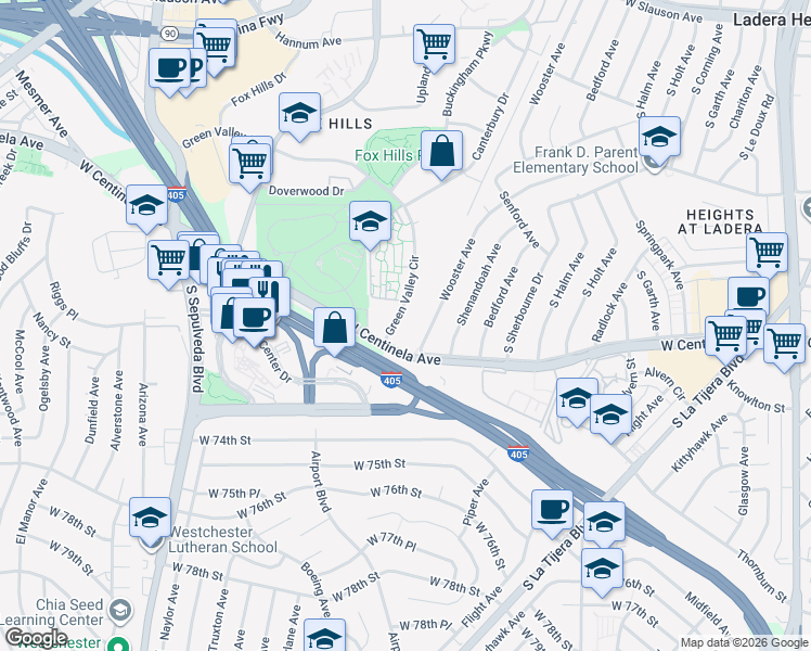 map of restaurants, bars, coffee shops, grocery stores, and more near 5856 West Centinela Avenue in Los Angeles