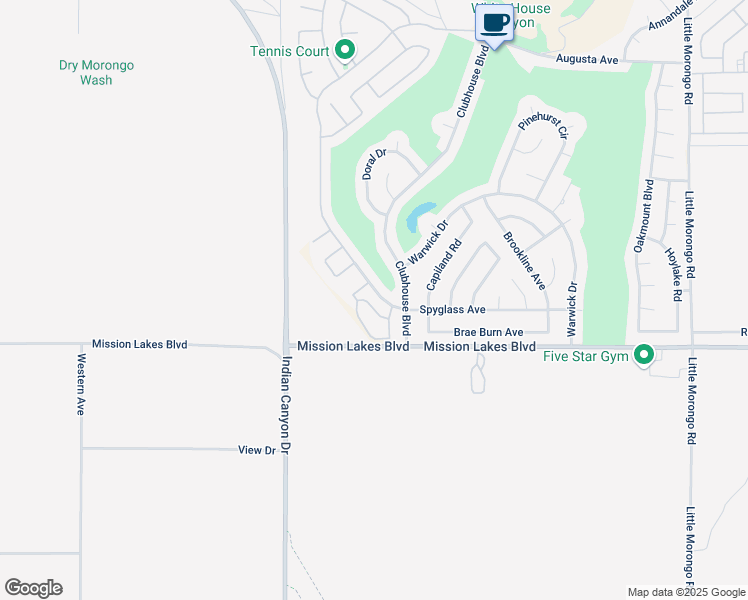 map of restaurants, bars, coffee shops, grocery stores, and more near 9647 Spyglass Avenue in Desert Hot Springs