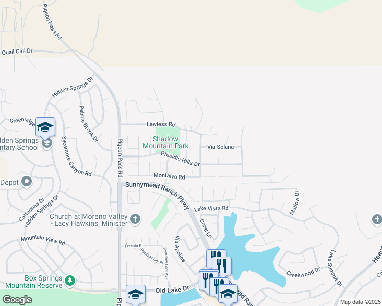 map of restaurants, bars, coffee shops, grocery stores, and more near 9840 Shadow Mountain Drive in Moreno Valley