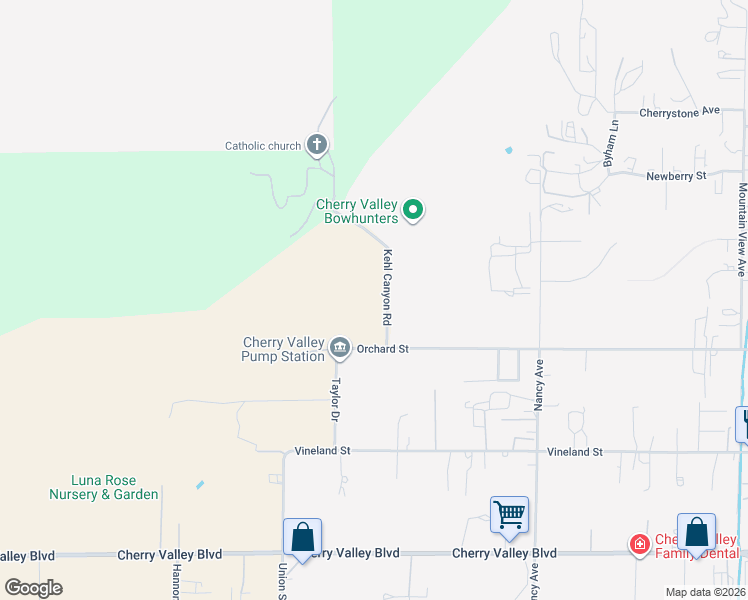 map of restaurants, bars, coffee shops, grocery stores, and more near 9841 Kehl Canyon Road in Cherry Valley