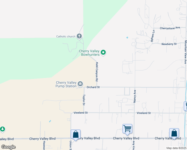 map of restaurants, bars, coffee shops, grocery stores, and more near 9869 Kehl Canyon Road in Cherry Valley