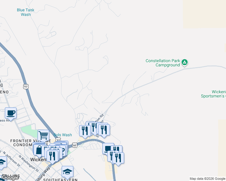 map of restaurants, bars, coffee shops, grocery stores, and more near 590 Constellation Road in Wickenburg