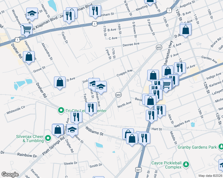 map of restaurants, bars, coffee shops, grocery stores, and more near 202 Idlewood Drive in West Columbia