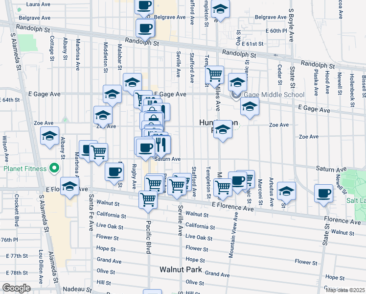 map of restaurants, bars, coffee shops, grocery stores, and more near 6804 Seville Avenue in Huntington Park