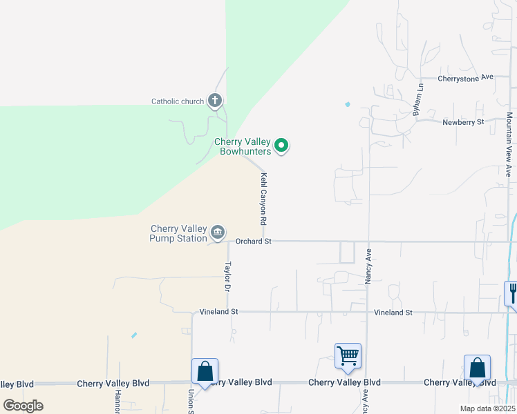 map of restaurants, bars, coffee shops, grocery stores, and more near 9869 Kehl Canyon Road in Cherry Valley