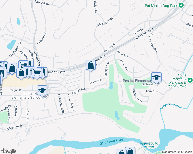 map of restaurants, bars, coffee shops, grocery stores, and more near 6108 Trujillo Way in Riverside