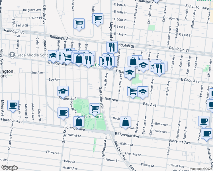map of restaurants, bars, coffee shops, grocery stores, and more near 6614 Orchard Avenue in Bell