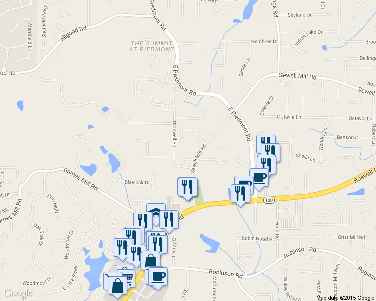 map of restaurants, bars, coffee shops, grocery stores, and more near 2279 Valla Parc Court in Marietta