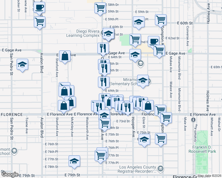 map of restaurants, bars, coffee shops, grocery stores, and more near 1139 East 69th Street in Los Angeles