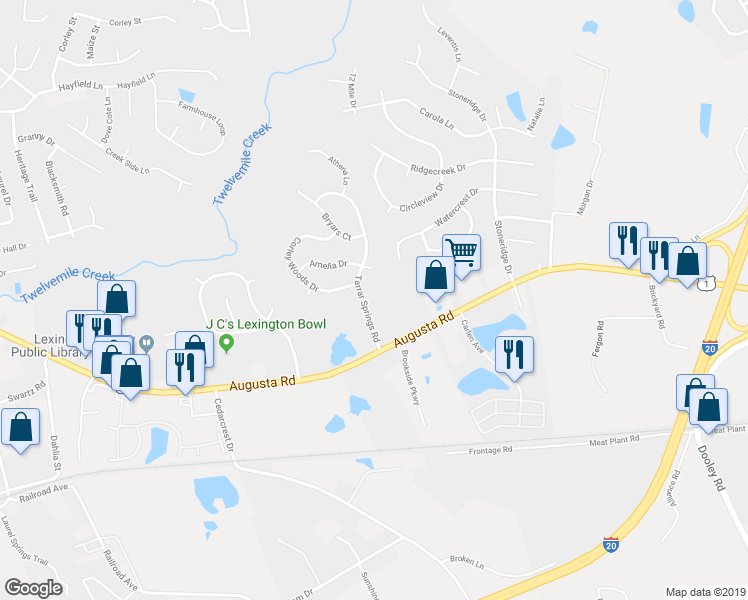 map of restaurants, bars, coffee shops, grocery stores, and more near 121 Tarrar Springs Road in Lexington