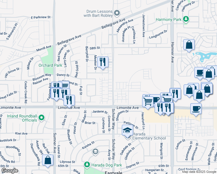 map of restaurants, bars, coffee shops, grocery stores, and more near 6067 Snapdragon Street in Eastvale