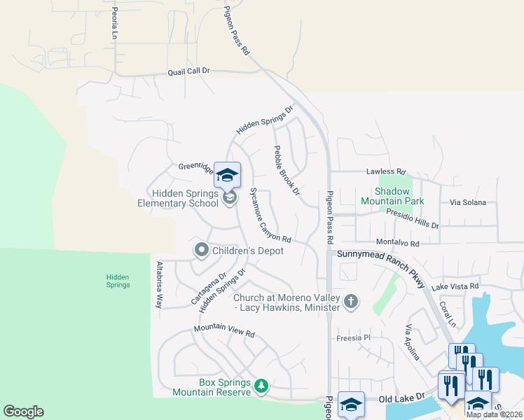 map of restaurants, bars, coffee shops, grocery stores, and more near 9820 Sycamore Canyon Road in Moreno Valley
