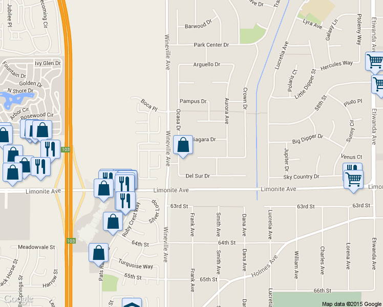map of restaurants, bars, coffee shops, grocery stores, and more near 11681 Range View Road in Jurupa Valley