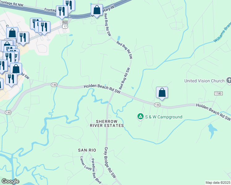map of restaurants, bars, coffee shops, grocery stores, and more near 442 Holden Beach Road Southwest in Shallotte