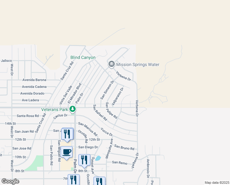 map of restaurants, bars, coffee shops, grocery stores, and more near 9756 San Felipe Road in Desert Hot Springs