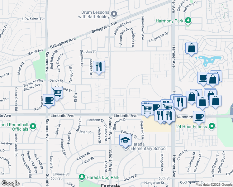 map of restaurants, bars, coffee shops, grocery stores, and more near 6057 Arches Way in Eastvale