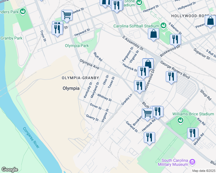 map of restaurants, bars, coffee shops, grocery stores, and more near 917 Texas Street in Columbia