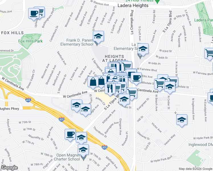 map of restaurants, bars, coffee shops, grocery stores, and more near 6770 South Springpark Avenue in Los Angeles