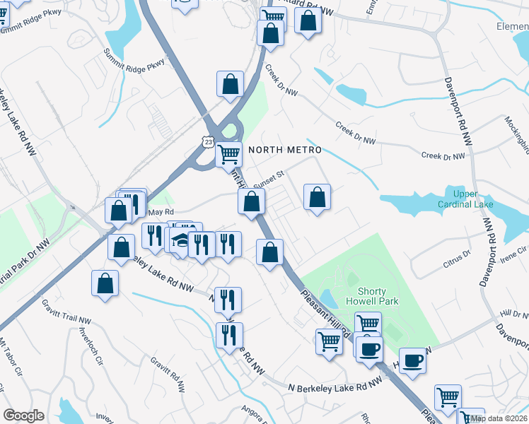 map of restaurants, bars, coffee shops, grocery stores, and more near 2808 Village Park Bend in Duluth