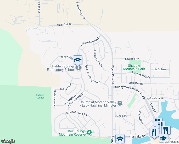 map of restaurants, bars, coffee shops, grocery stores, and more near 9809 Deer Creek Road in Moreno Valley
