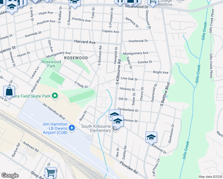 map of restaurants, bars, coffee shops, grocery stores, and more near 3700 Hickory Street in Columbia