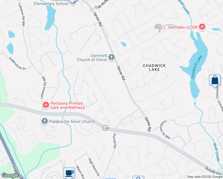 map of restaurants, bars, coffee shops, grocery stores, and more near 1437 Sartor Circle Northwest in Lawrenceville