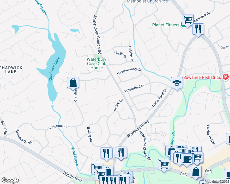 map of restaurants, bars, coffee shops, grocery stores, and more near 1480 Shady Cove Lane in Lawrenceville