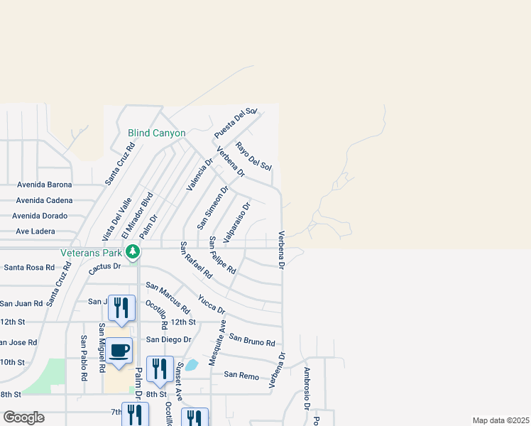 map of restaurants, bars, coffee shops, grocery stores, and more near 9755 Verbena Drive in Desert Hot Springs