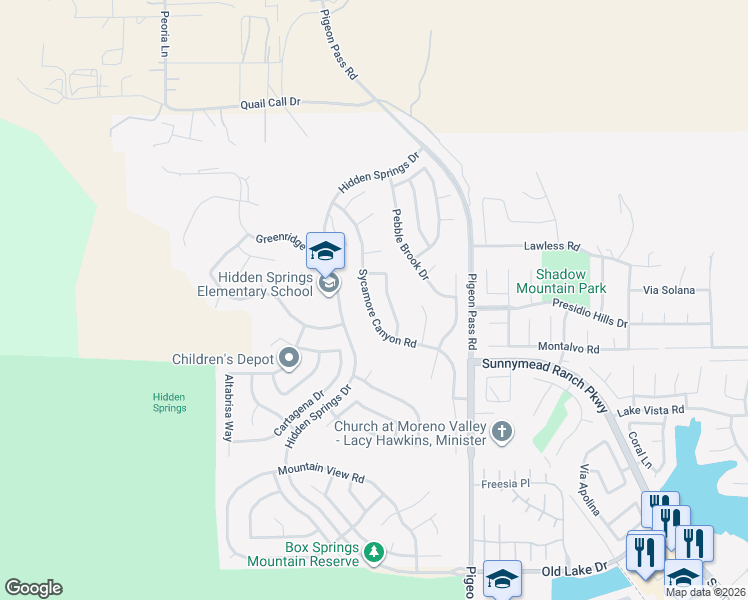 map of restaurants, bars, coffee shops, grocery stores, and more near 9809 Deer Creek Road in Moreno Valley