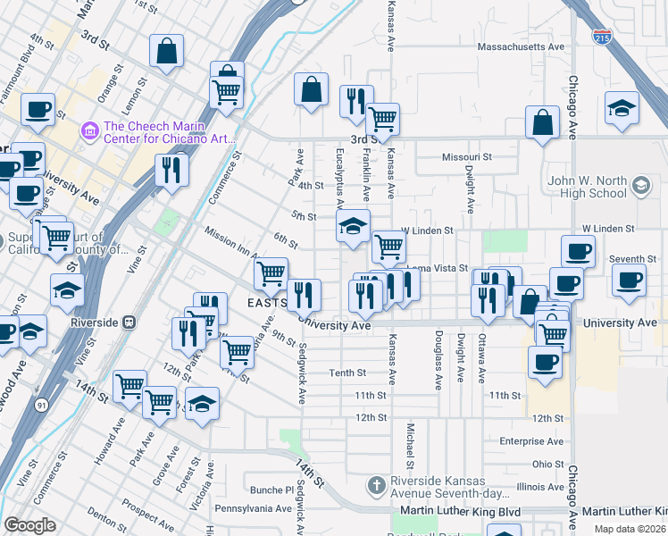 map of restaurants, bars, coffee shops, grocery stores, and more near 3653 Eucalyptus Avenue in Riverside