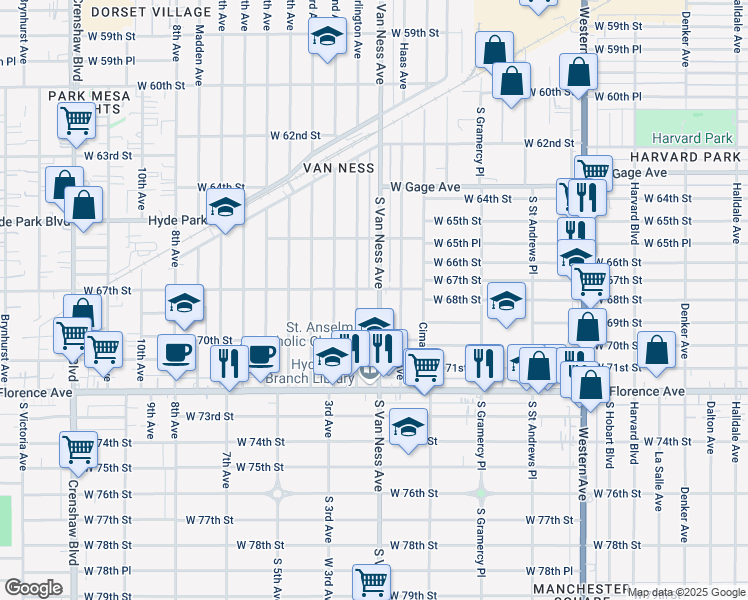 map of restaurants, bars, coffee shops, grocery stores, and more near 6702 Arlington Avenue in Los Angeles