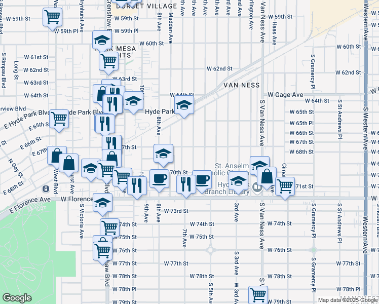 map of restaurants, bars, coffee shops, grocery stores, and more near 6702 7th Avenue in Los Angeles