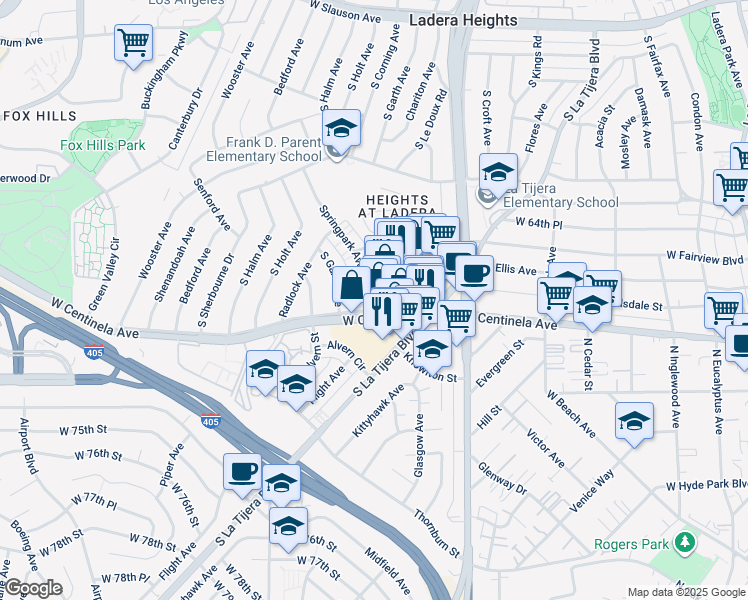 map of restaurants, bars, coffee shops, grocery stores, and more near 6770 South Springpark Avenue in Los Angeles