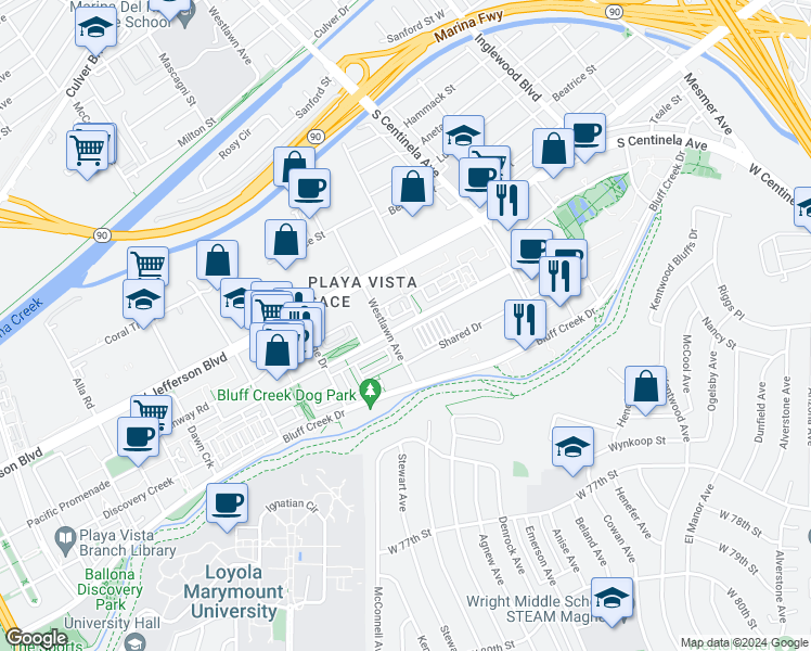 map of restaurants, bars, coffee shops, grocery stores, and more near 12558 Millennium Drive in Los Angeles