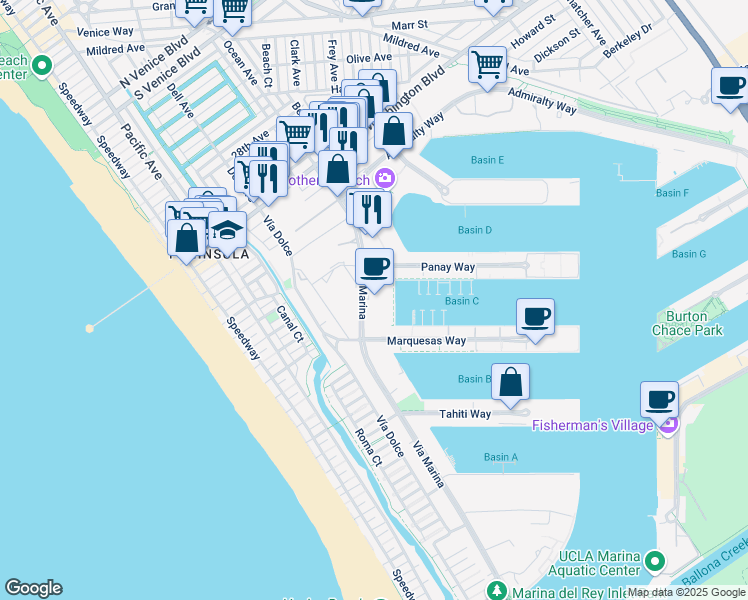 map of restaurants, bars, coffee shops, grocery stores, and more near 4240 Vía Marina in Marina del Rey