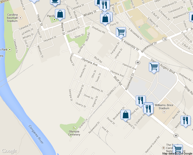 map of restaurants, bars, coffee shops, grocery stores, and more near 913 Texas Street in Columbia